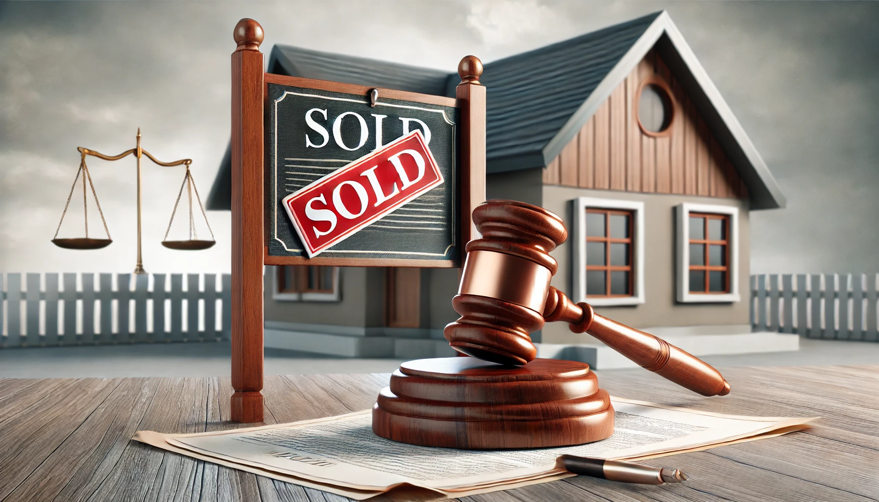 Real estate sign with 'SOLD' written on it in front of a house, alongside a gavel and legal documents, symbolizing the '72 Sold lawsuit.