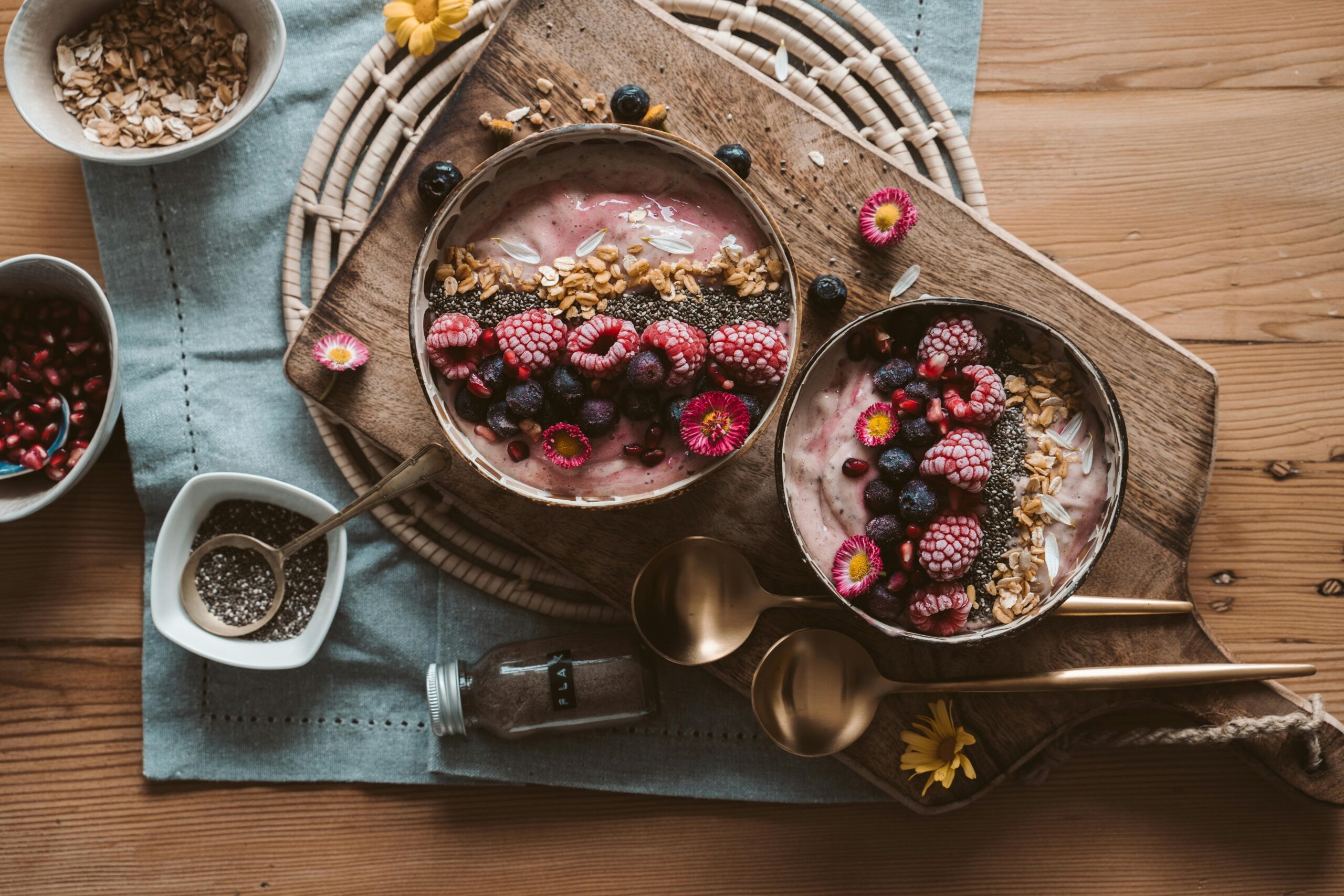 Ancient grain in a healthy cereal bowl topped with fruits and nuts.